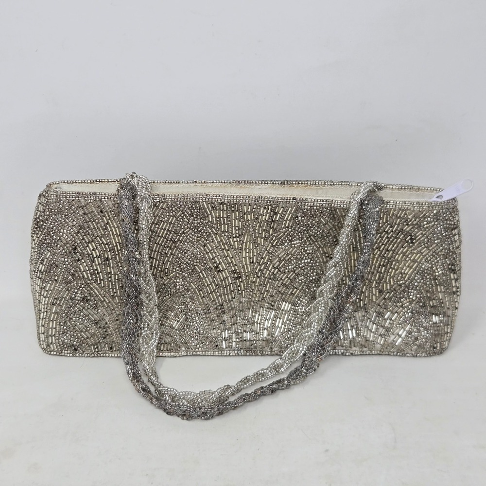 La Regale Vintage Silver Beaded Evening Bag Clutch Braided Strap Formal Wedding